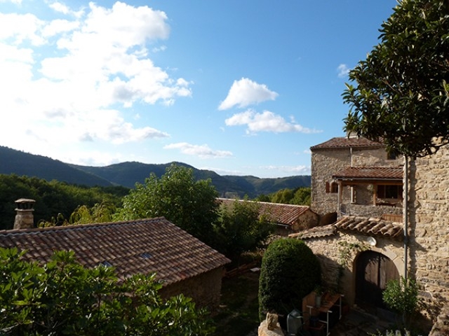 Propriété sur les hauteurs de Vesseaux (1 ha en terrasses, maison en pierre, chalet/gite, grange à rénover) ecolieu possible